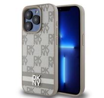 DKNY PU Leather Checkered Pattern and Stripe Zadní Kryt pro iPhone 15 Pro Max Beige obrázek