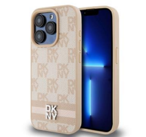 DKNY PU Leather Checkered Pattern and Stripe Zadní Kryt pro iPhone 15 Pro Max Pink obrázek