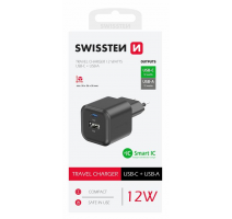 SWISSTEN SÍŤOVÝ ADAPTÉR 12W 1x USB-C + 1x USB-A  ČERNÝ obrázek