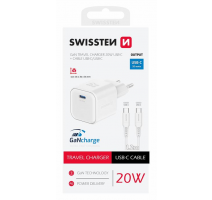 SWISSTEN SÍŤOVÝ ADAPTÉR GaN 1x USB-C 20W POWER DELIVERY BÍLÝ + DATOVÝ KABEL USB-C/USB-C 1,2 M BÍLÝ obrázek