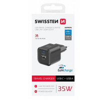 SWISSTEN SÍŤOVÝ ADAPTÉR GaN 1x USB-C 35W PD + 1x USB-A 27W QC ČERNÝ obrázek