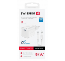 SWISSTEN SÍŤOVÝ ADAPTÉR GaN 1x USB-C 35W POWER DELIVERY BÍLÝ + DATOVÝ KABEL USB-C/LIGHTNING 1,2 M BÍLÝ obrázek