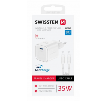 SWISSTEN SÍŤOVÝ ADAPTÉR GaN 1x USB-C 35W POWER DELIVERY BÍLÝ + DATOVÝ KABEL USB-C/USB-C 1,2 M BÍLÝ obrázek