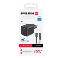 SWISSTEN SÍŤOVÝ ADAPTÉR GaN 1x USB-C 35W POWER DELIVERY ČERNÝ + DATOVÝ KABEL USB-C/LIGHTNING 1,2 M ČERNÝ obrázek