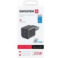 SWISSTEN SÍŤOVÝ ADAPTÉR GaN 2x USB-C 20W POWER DELIVERY ČERNÝ obrázek
