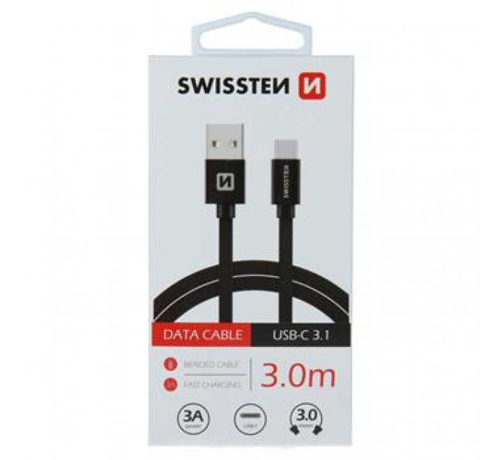 DATOVÝ KABEL SWISSTEN TEXTILE USB / USB-C 3,0 M ČERNÝ