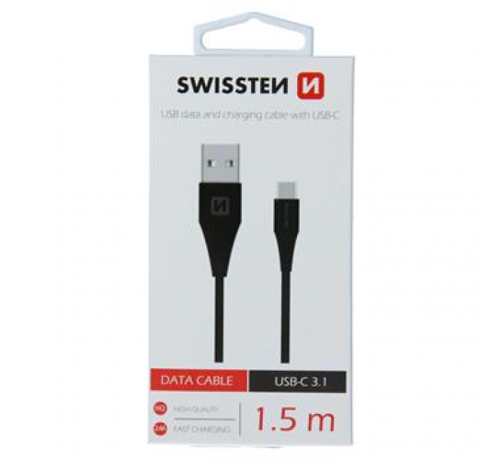 DATOVÝ KABEL SWISSTEN USB / USB-C 3.1 ČERNÝ 1,5M (7mm)