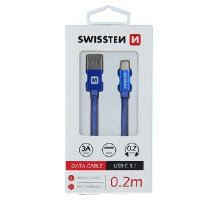 DATOVÝ KABEL SWISSTEN TEXTILE USB / USB-C 0,2 M MODRÝ