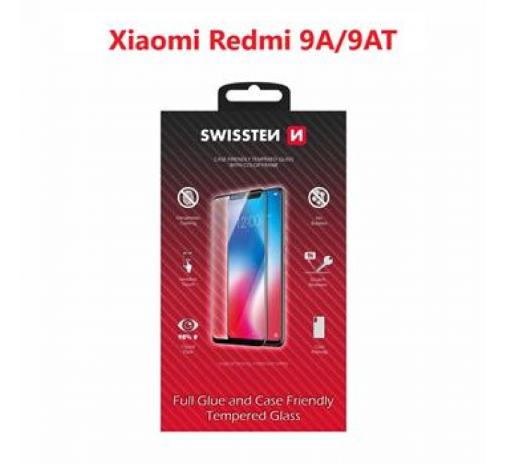 SKLO SWISSTEN FULL GLUE, COLOR FRAME, CASE FRIENDLY XIAOMI REDMI 9A ČERNÉ