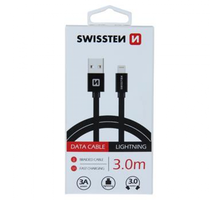 DATOVÝ KABEL SWISSTEN TEXTILE USB / LIGHTNING 3,0 M ČERNÝ