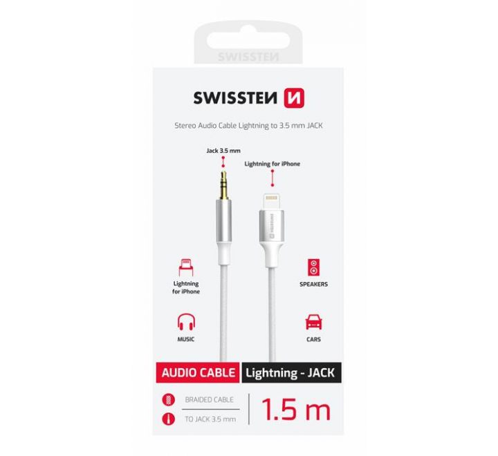 AUDIO ADAPTÉR SWISSTEN TEXTILE LIGHTNING (samec) / 3,5 mm JACK (samec) 1,5 M BÍLÝ 