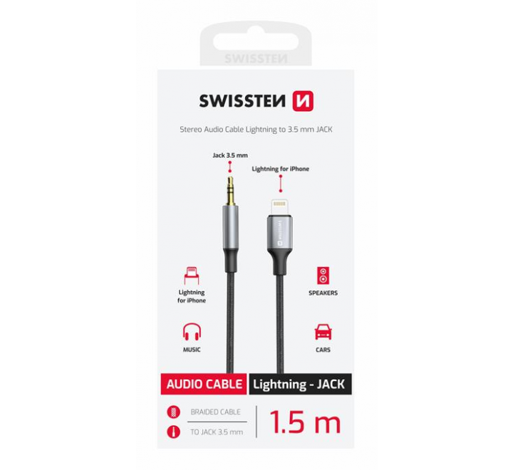 AUDIO ADAPTÉR SWISSTEN TEXTILE LIGHTNING (samec) / 3,5 mm JACK (samec) 1,5 M ČERNÝ (nahrazuje 73501213)