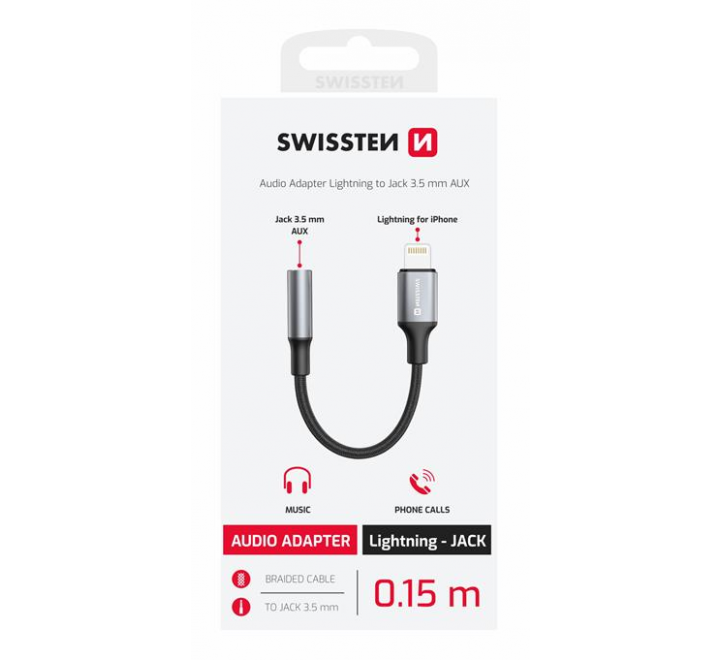 AUDIO ADAPTÉR SWISSTEN TEXTILE LIGHTNING (samec)  / 3,5mm AUX 0,15 M ČERNÝ (nahrazuje 73501211)