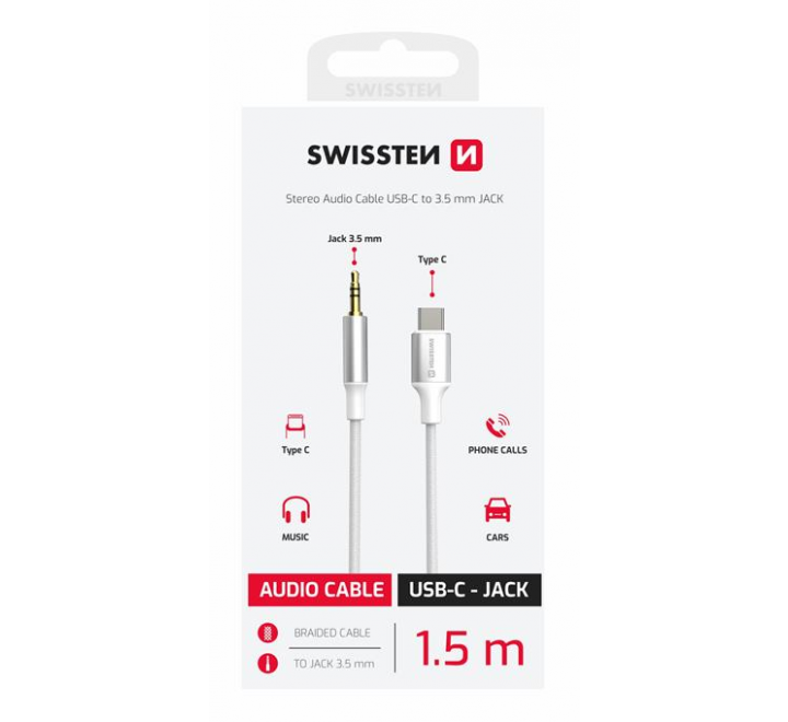 AUDIO ADAPTÉR SWISSTEN TEXTILE USB-C (samec) / 3,5 mm JACK (samec) 1,5M BÍLÝ