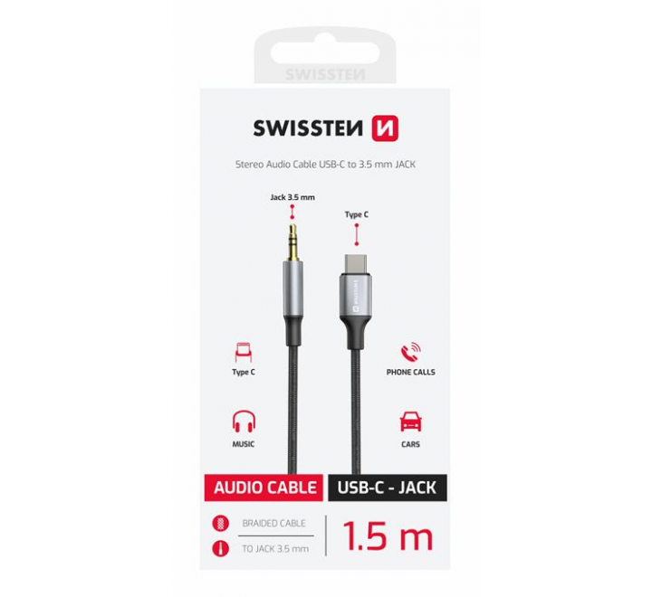 AUDIO ADAPTÉR SWISSTEN TEXTILE USB-C (samec) / 3,5 mm JACK (samec) 1,5M ČERNÝ (nahrazuje 73501303)