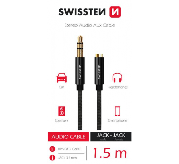 AUDIO KABEL SWISSTEN TEXTILE 3,5 mm JACK(samec) - 3,5 mm JACK (samice) 1,5 M ČERNÝ