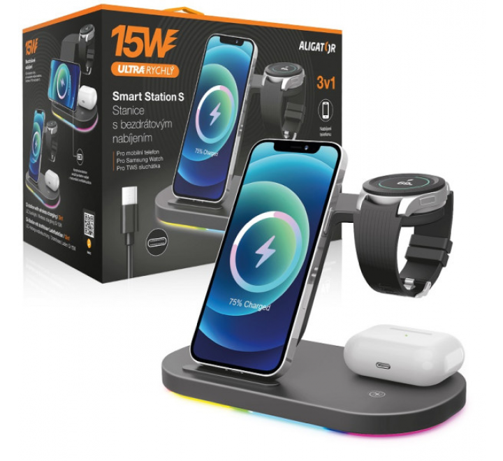 Bezdrátová nabíjecí stanice Aligator Smart Station S 3v1, nabíjení Samsung Watch 15W, černá