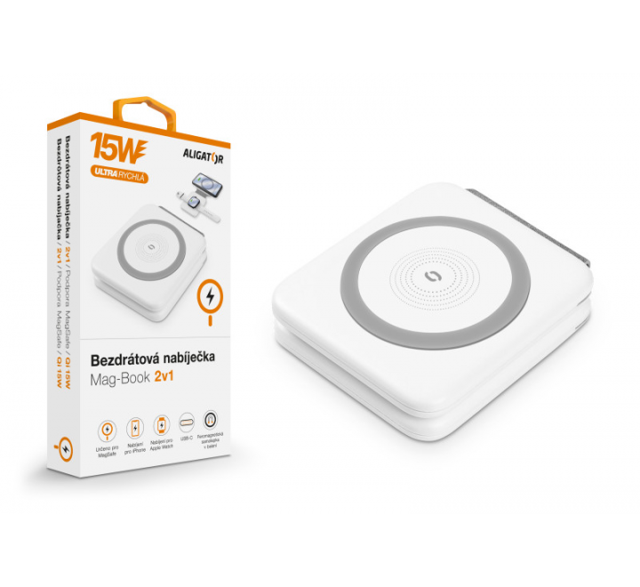 Bezdrátová nabíječka ALIGATOR Mag-Book 2v1, určeno pro MagSafe a nabíjení Apple Watch, 15W, bílá