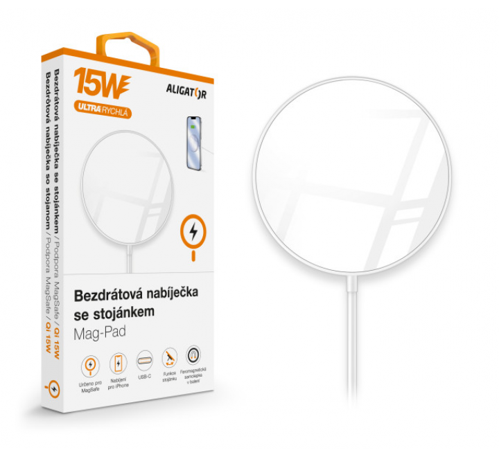 Bezdrátová nabíječka ALIGATOR Mag-Pad, určeno pro MagSafe, 15W, bílá