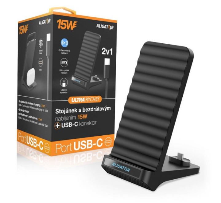 Bezdrátový Qi stojánek s USB-C konektorem, 15W, černý