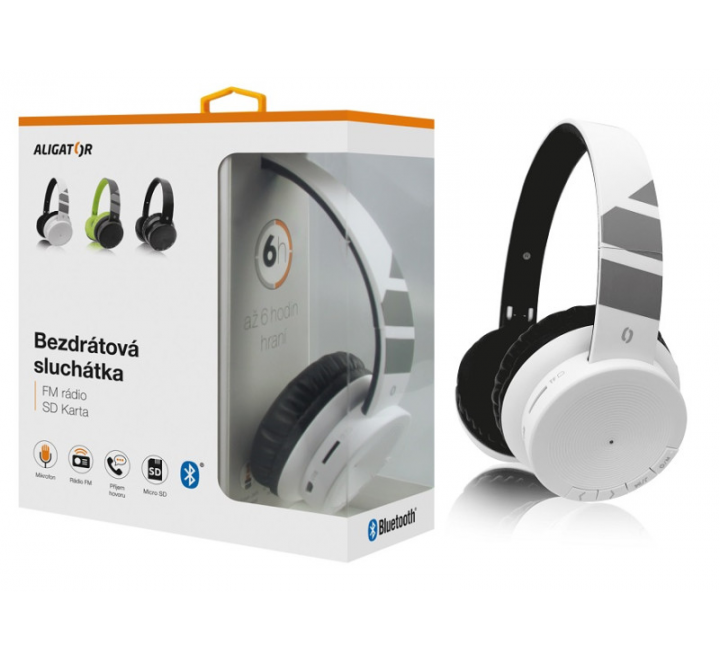 Bluetooth sluchátka ALIGATOR AH02, FM, SD karta, bílá