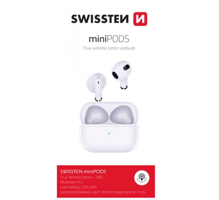 BLUETOOTH TWS SLUCHÁTKA SWISSTEN MINIPODS BÍLÁ