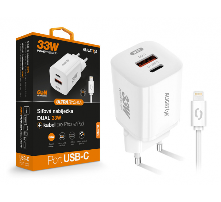 Chytrá síťová nabíječka ALIGATOR GaN, Power Delivery 33W, USB-C/Lightning kabel, bílá