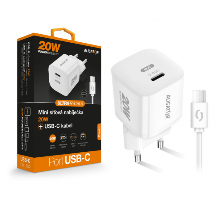 Chytrá síťová nabíječka ALIGATOR Mini, Power Delivery 20W, USB-C/USB-C kabel, bílá