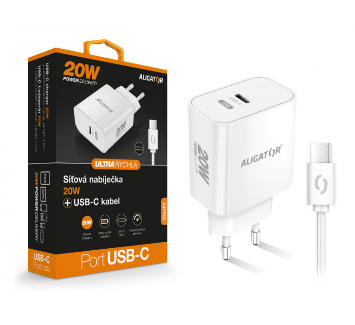 Chytrá síťová nabíječka ALIGATOR Power Delivery 20W USB-C, USB-C/USB-C kabel, bílá