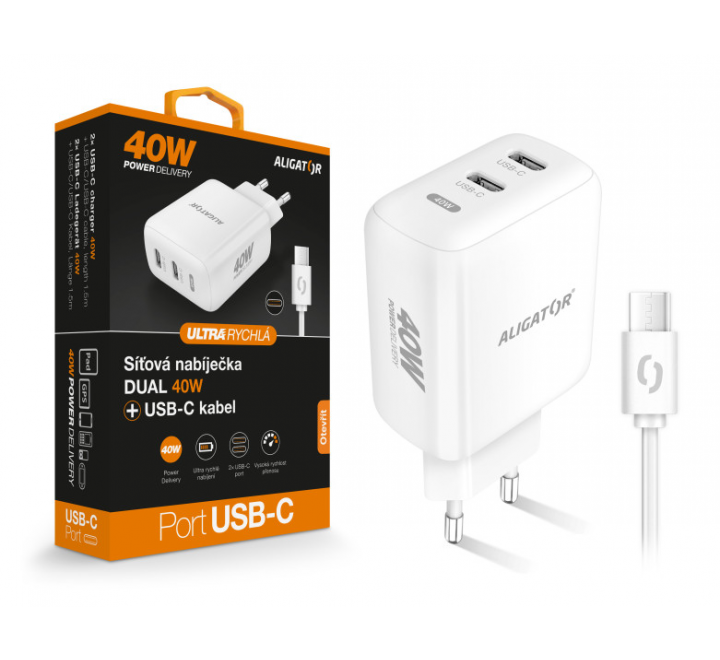 Chytrá síťová nabíječka ALIGATOR, Power Delivery 40W, 2xUSB-C, USB-C/USB-C kabel, bílá