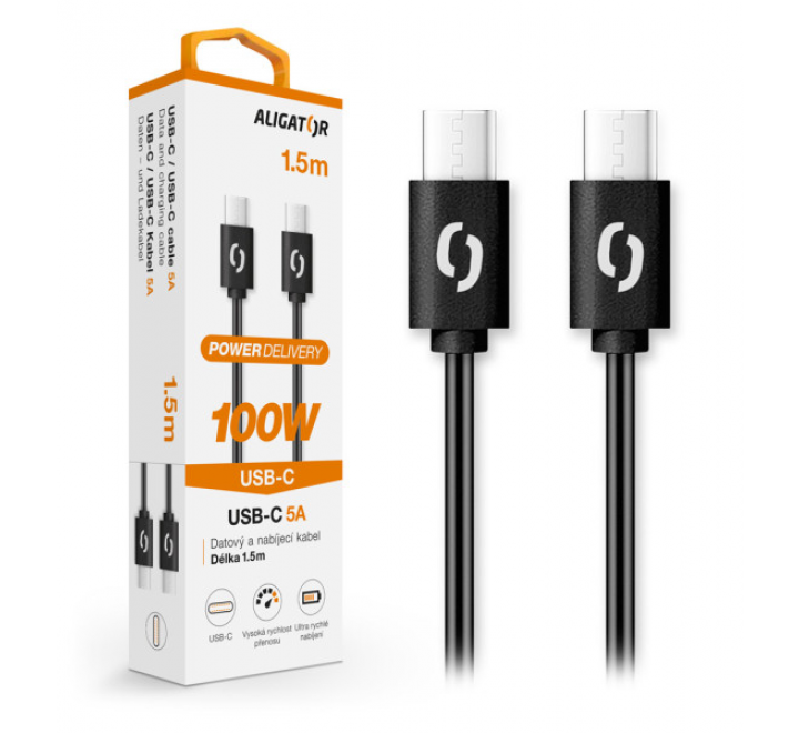 Datový kabel ALIGATOR POWER 100W, USB-C/USB-C 5A, 1,5m černý