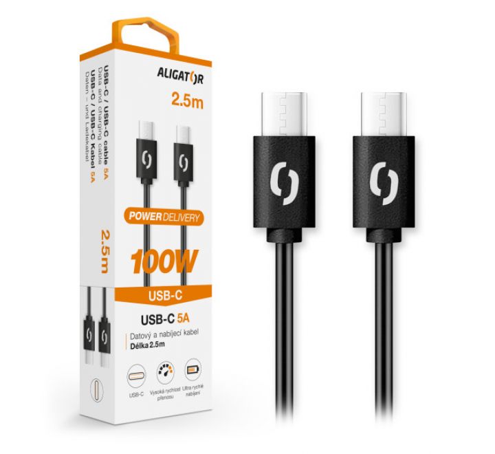 Datový kabel ALIGATOR POWER 100W, USB-C/USB-C 5A, 2,5m černý