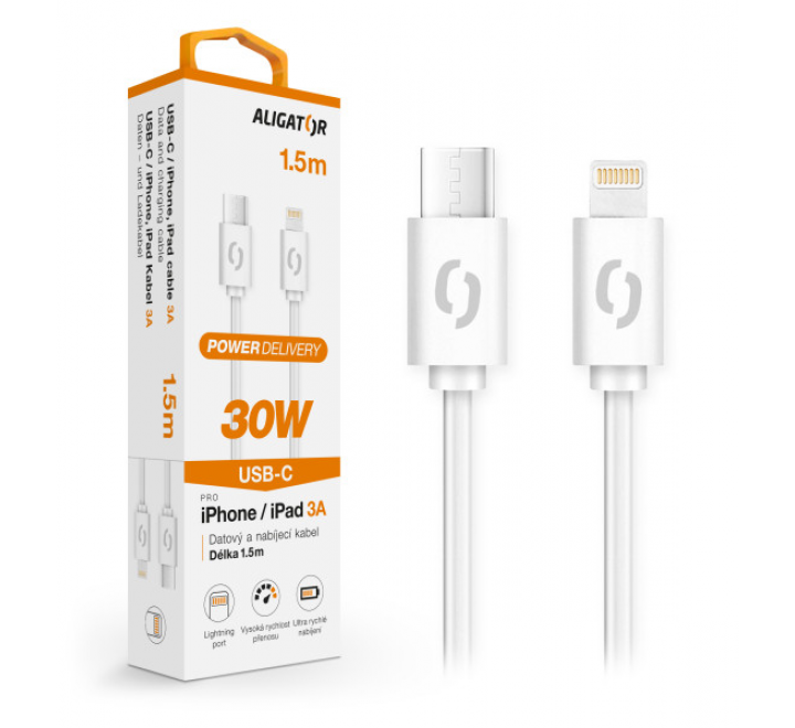 Datový kabel ALIGATOR POWER 30W, USB-C/Lightning 3A 1,5m, bílý
