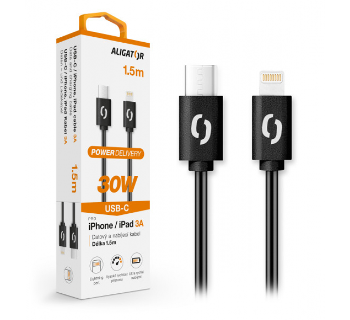 Datový kabel ALIGATOR POWER 30W, USB-C/Lightning 3A 1,5m, černý