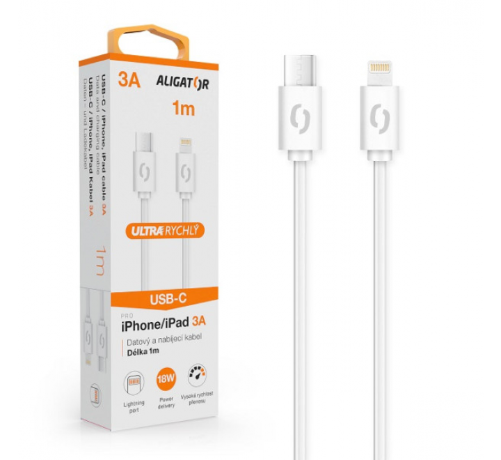 Datový kabel ALIGATOR POWER 3A, USB-C/Lightning, 1m bílý