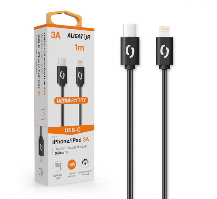 Datový kabel ALIGATOR POWER 3A, USB-C/Lightning, 1m černý