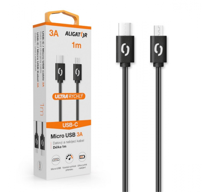 Datový kabel ALIGATOR POWER 3A, USB-C/micro USB 1m černý