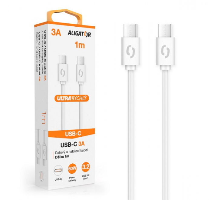 Datový kabel ALIGATOR POWER 60W, USB-C/USB-C 3A, 1m bílý