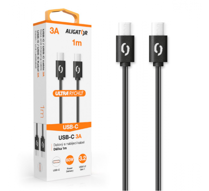 Datový kabel ALIGATOR POWER 60W, USB-C/USB-C 3A, 1m černý