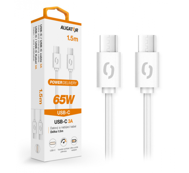 Datový kabel ALIGATOR POWER 65W, USB-C/USB-C 3A 1,5m, bílý