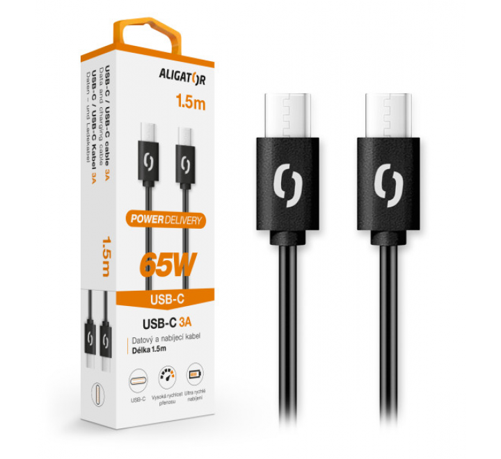 Datový kabel ALIGATOR POWER 65W, USB-C/USB-C 3A 1,5m, černý