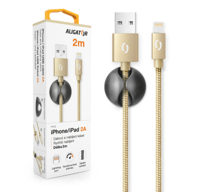 Datový kabel ALIGATOR PREMIUM 2A, Lightning 2m zlatý