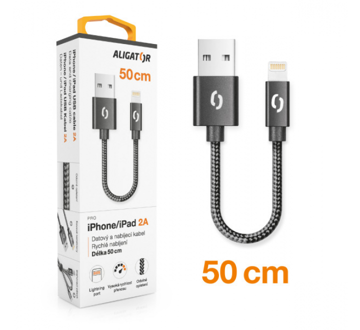 Datový kabel ALIGATOR PREMIUM 2A, Lightning 50cm černý