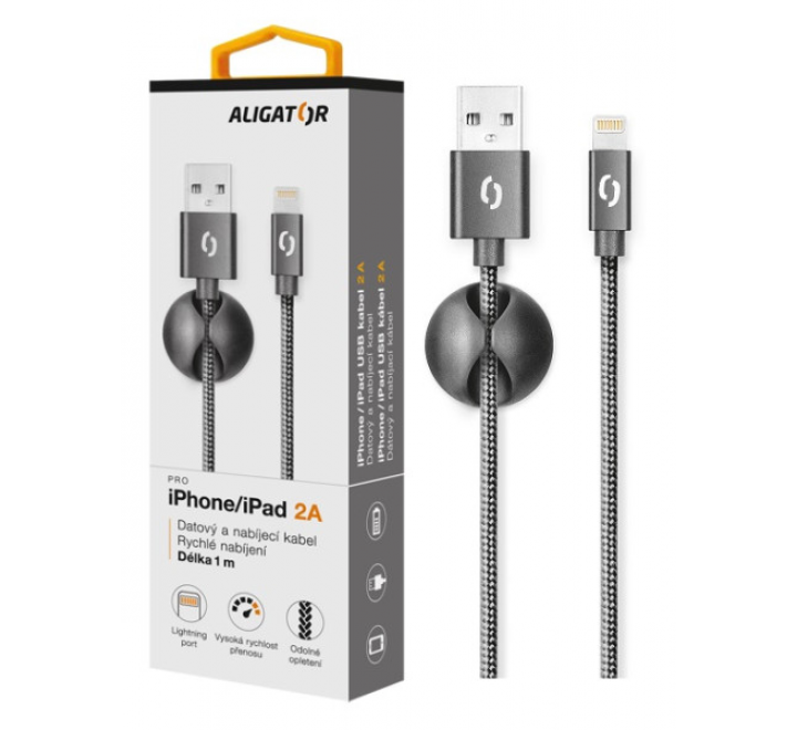 Datový kabel ALIGATOR PREMIUM 2A, Lightning černý