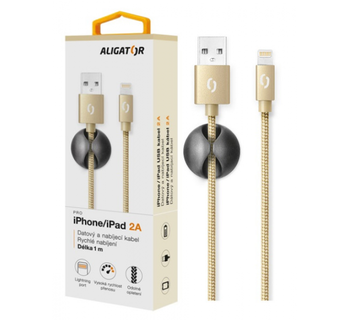 Datový kabel ALIGATOR PREMIUM 2A, Lightning zlatý