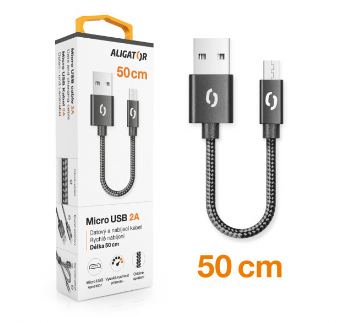 Datový kabel ALIGATOR PREMIUM 2A, Micro USB 50cm černý