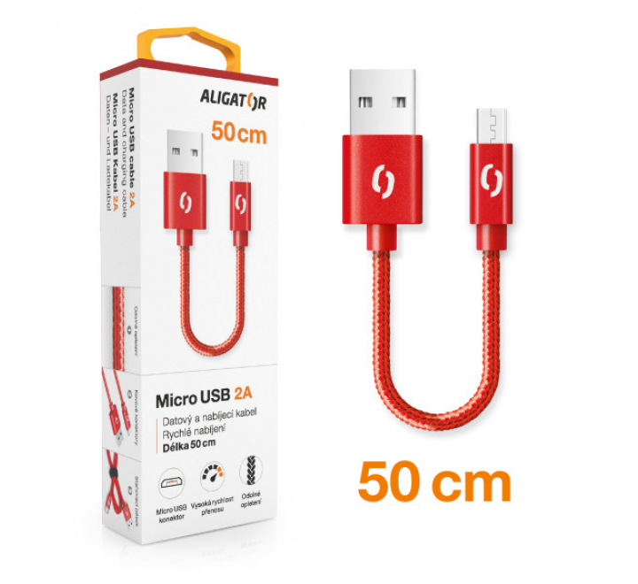 Datový kabel ALIGATOR PREMIUM 2A, Micro USB 50cm červený