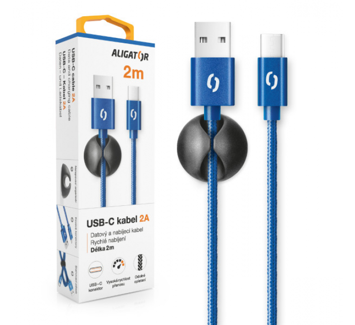 Datový kabel ALIGATOR PREMIUM 2A, USB-C 2m modrý