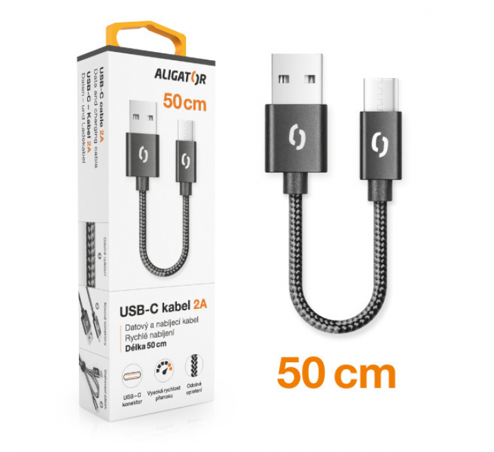 Datový kabel ALIGATOR PREMIUM 2A, USB-C 50cm černý