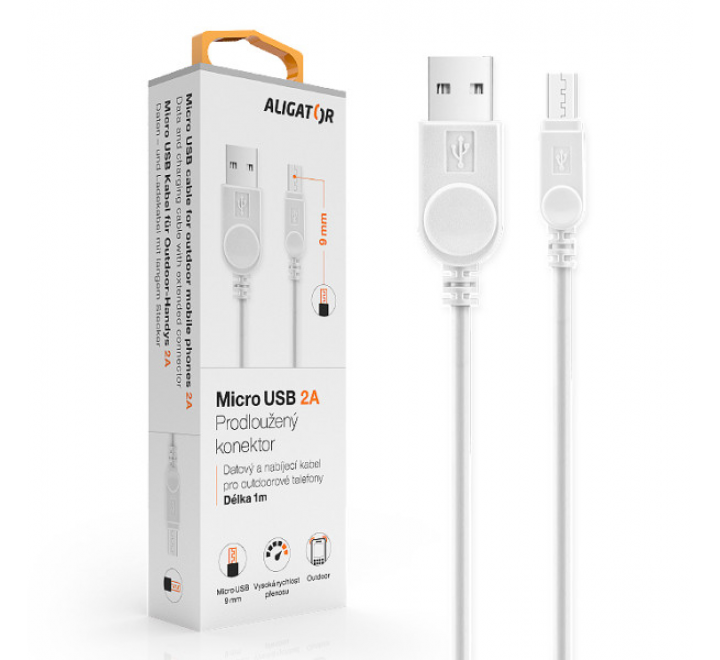 Datový kabel ALIGATOR pro outdoorové telefony, microUSB 2A, bílý, krabička